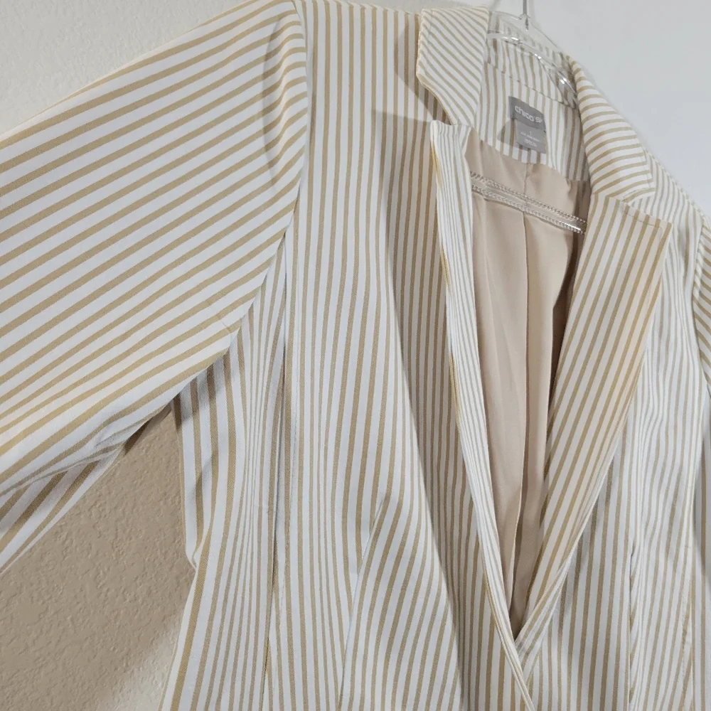 CHICO'S coastal tan striped cotton blend tab-sleeve single-button lined blazer